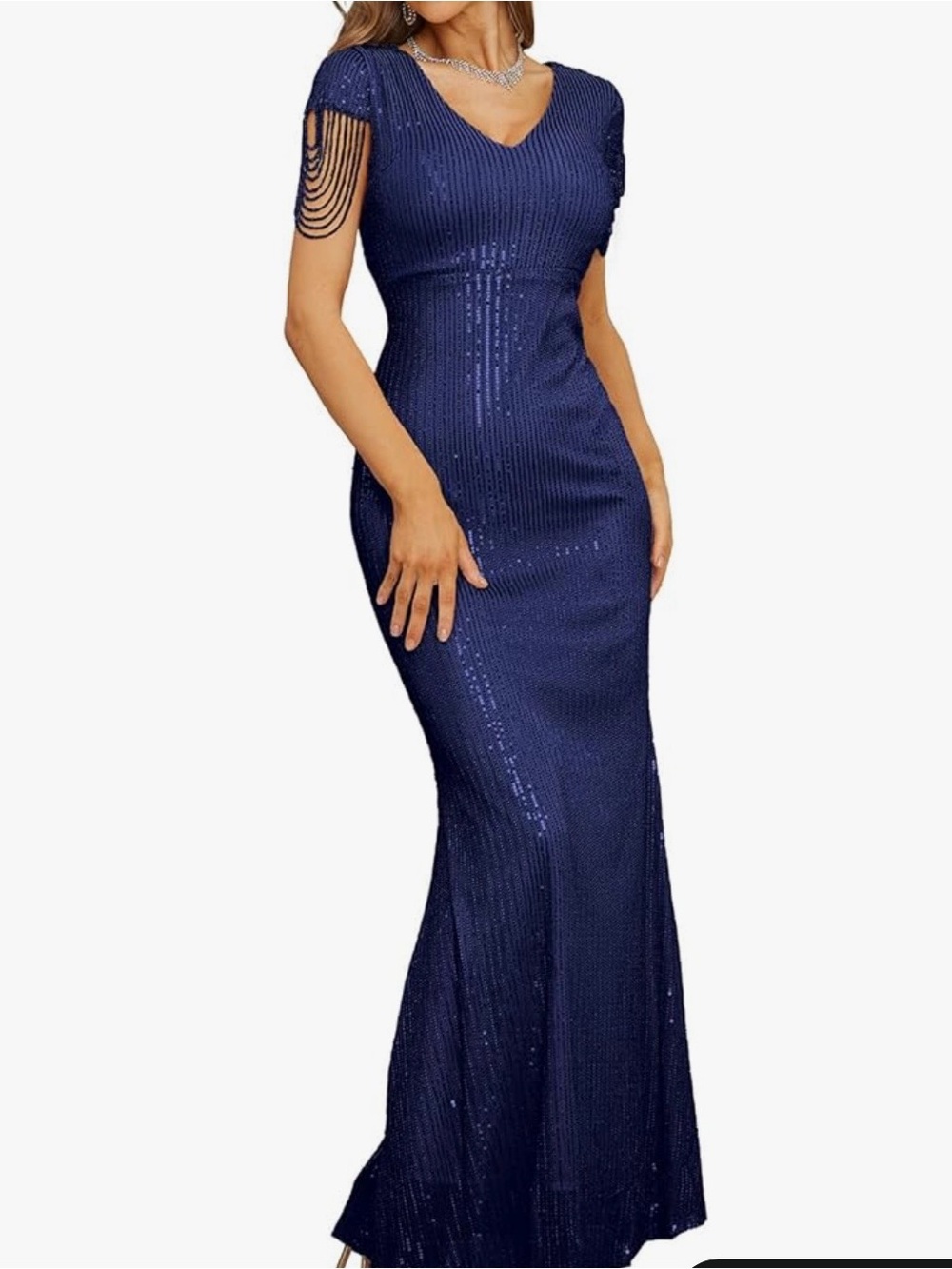 Elegant Navy Sequin Evening Gown - V-Neck, Short Sleeve